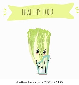 Illustration with funny characters Chinese cabbage, lettuce,  cabbage, peking, spinach. Funny and healthy food. Vitamins, salad, cute face food, ingredients, vegetarian, vector cartoon, agriculture.