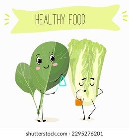 Illustration with funny characters Chinese cabbage, lettuce,  cabbage, peking, spinach. Funny and healthy food. Vitamins, salad, cute face food, ingredients, vegetarian, vector cartoon, agriculture.