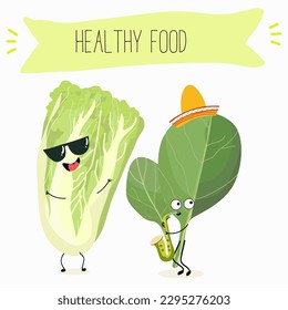 Illustration with funny characters Chinese cabbage, lettuce,  cabbage, peking, spinach. Funny and healthy food. Vitamins, salad, cute face food, ingredients, vegetarian, vector cartoon, agriculture.