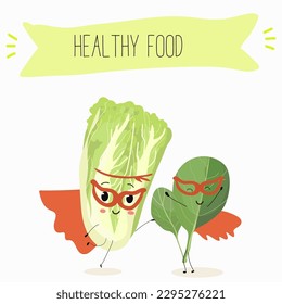 Illustration with funny characters Chinese cabbage, lettuce,  cabbage, peking, spinach. Funny and healthy food. Vitamins, salad, cute face food, ingredients, vegetarian, vector cartoon, agriculture.