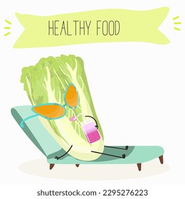 Illustration with funny characters Chinese cabbage, lettuce,  cabbage, peking, spinach. Funny and healthy food. Vitamins, salad, cute face food, ingredients, vegetarian, vector cartoon, agriculture.