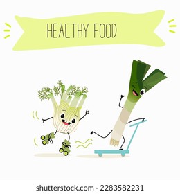 Illustration with funny characters fennel, leek, onion. Funny and healthy food. Vitamins, cute face food, ingredients, vegetarian, vector cartoon, agriculture,greenery.