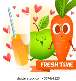 Illustration with funny characters of  food. Love and hearts. Tme to  fresh carrot & apple. Healthy smoothies and juice.