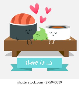 Illustration with funny characters of food. Postcard Valentine's Day. Love and hearts. Japanese traditional cuisine sushi.