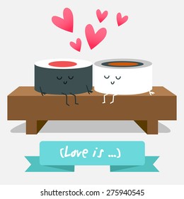 Illustration with funny characters of food. Postcard Valentine's Day. Love and hearts. Japanese traditional cuisine sushi.