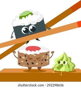 Illustration with funny characters of food. Postcard Valentine's Day. Love and hearts. Japanese traditional cuisine sushi.