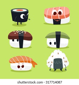 Illustration with funny characters of food. Postcard Valentine's Day. Love and hearts. Japanese traditional cuisine sushi.