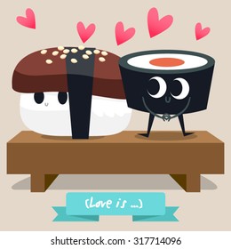 Illustration with funny characters of food. Postcard Valentine's Day. Love and hearts. Japanese traditional cuisine sushi.