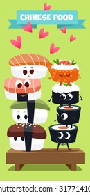 Illustration with funny characters of food. Postcard Valentine's Day. Love and hearts. Japanese traditional cuisine sushi.