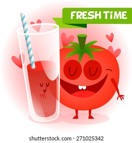 Illustration with funny characters. Love and hearts.  Funny food. time fresh. fresh tomato. Healthy foods.