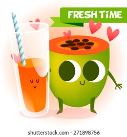 Illustration with funny characters. Love and hearts. Funny food. time fresh. fresh papaya. Healthy foods. Funny papaya. Children's illustration.