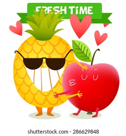 Illustration with funny characters. Love and hearts.  Funny food. time fresh. Healthy foods. Pineapple wearing sunglasses with a smile. fresh pineapple.