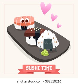 Illustration with funny characters. Love and hearts. Japanese traditional cuisine. Cute sushi character. Japanese food.