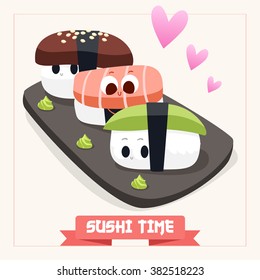 Illustration with funny characters. Love and hearts. Japanese traditional cuisine. Cute sushi character. Japanese food.