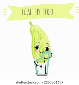 Illustration with funny characters marrow, pattypan,courgette, crop, zucchini, patisson.  Funny and healthy food. Vitamins, cute face food, ingredients, vegetarianism, vector cartoon, antioxidant.