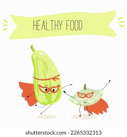 Illustration with funny characters marrow, pattypan,courgette, crop, zucchini, patisson.  Funny and healthy food. Vitamins, cute face food, ingredients, vegetarianism, vector cartoon, antioxidant.