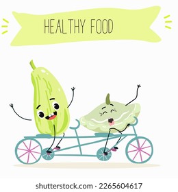 Illustration with funny characters marrow, pattypan,courgette, crop, zucchini, patisson.  Funny and healthy food. Vitamins, cute face food, ingredients, vegetarianism, vector cartoon, antioxidant.