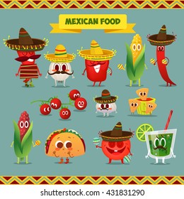 Illustration with funny characters. Mexican traditional food. Red and hot! Chili pepper and tacos with funny face.