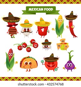 Illustration with funny characters. Mexican traditional food. Red and hot! Chili pepper and tacos with funny face.