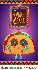 Illustration with funny characters. Mexican traditional food. Red and hot! Tacos with funny face.