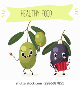 Illustration with funny characters olives. Funny and healthy food. Vitamins, cute face food, ingredients, vegetarian, vector cartoon, agriculture, raw.