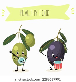 Illustration with funny characters olives. Funny and healthy food. Vitamins, cute face food, ingredients, vegetarian, vector cartoon, agriculture, raw.