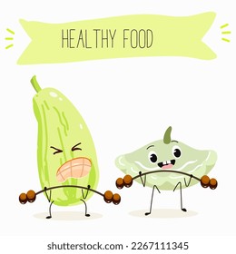 Illustration with funny characters  pattypan,courgette, crop, zucchini, patisson.  Funny and healthy food. Vitamins, cute face food, ingredients, vegetarianism, vector cartoon, antioxidant.