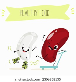 Illustration with funny characters of red and white beans. Funny and healthy food. Vitamins, cute face food, ingredients, vegetarian, vector cartoons, farming, raw materials.
