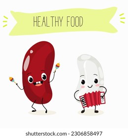 Illustration with funny characters of red and white beans. Funny and healthy food. Vitamins, cute face food, ingredients, vegetarian, vector cartoons, farming, raw materials.