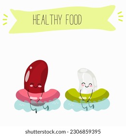 Illustration with funny characters of red and white beans. Funny and healthy food. Vitamins, cute face food, ingredients, vegetarian, vector cartoons, farming, raw materials.