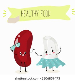 Illustration with funny characters of red and white beans. Funny and healthy food. Vitamins, cute face food, ingredients, vegetarian, vector cartoons, farming, raw materials.