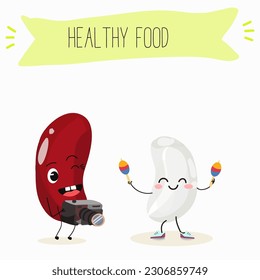 Illustration with funny characters of red and white beans. Funny and healthy food. Vitamins, cute face food, ingredients, vegetarian, vector cartoons, farming, raw materials.