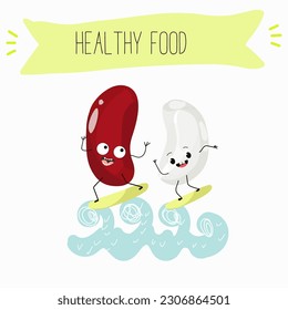 Illustration with funny characters of red and white beans. Funny and healthy food. Vitamins, cute face food, ingredients, vegetarian, vector cartoons, farming, raw materials.