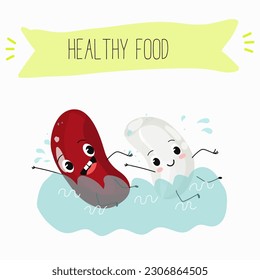 Illustration with funny characters of red and white beans. Funny and healthy food. Vitamins, cute face food, ingredients, vegetarian, vector cartoons, farming, raw materials.