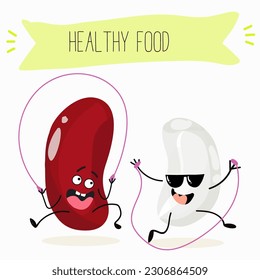 Illustration with funny characters of red and white beans. Funny and healthy food. Vitamins, cute face food, ingredients, vegetarian, vector cartoons, farming, raw materials.