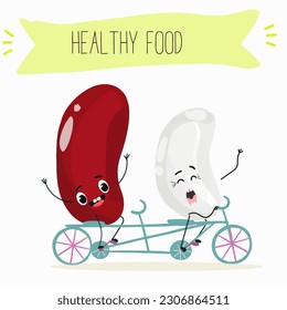 Illustration with funny characters of red and white beans. Funny and healthy food. Vitamins, cute face food, ingredients, vegetarian, vector cartoons, farming, raw materials.