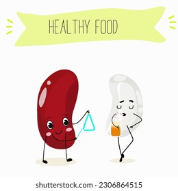 Illustration with funny characters of red and white beans. Funny and healthy food. Vitamins, cute face food, ingredients, vegetarian, vector cartoons, farming, raw materials.