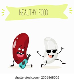 Illustration with funny characters of red and white beans. Funny and healthy food. Vitamins, cute face food, ingredients, vegetarian, vector cartoons, farming, raw materials.