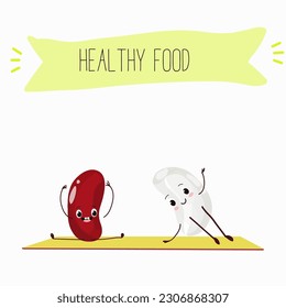 Illustration with funny characters of red and white beans. Funny and healthy food. Vitamins, cute face food, ingredients, vegetarian, vector cartoons, farming, raw materials.