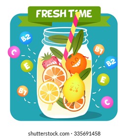 Illustration with funny characters. Time to fresh. Healthy foods. Children's set of different fruits. Raw.