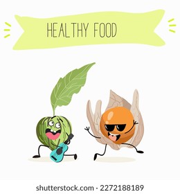 Illustration with funny characters tomatillo, tomato, physalis, uvilla, phisalis, uchuva, phisalys, 
ground cherry,   Funny and healthy food. Vitamins, cute face food, ingredients, vegetarian, vector 