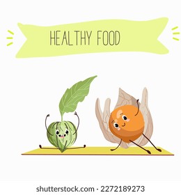 Illustration with funny characters tomatillo, tomato, physalis, uvilla, phisalis, uchuva, phisalys, 
ground cherry,   Funny and healthy food. Vitamins, cute face food, ingredients, vegetarian, vector 