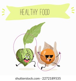 Illustration with funny characters tomatillo, tomato, physalis, uvilla, phisalis, uchuva, phisalys, 
ground cherry,   Funny and healthy food. Vitamins, cute face food, ingredients, vegetarian, vector 