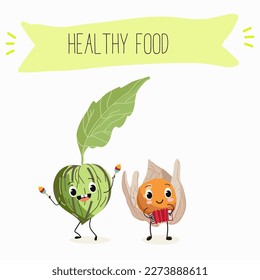 Illustration with funny characters tomatillo, tomato, physalis, uvilla, phisalis, uchuva, phisalys, 
ground cherry,   Funny and healthy food. Vitamins, cute face food, ingredients, vegetarian, vector 