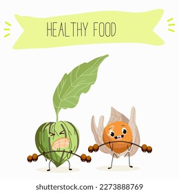 Illustration with funny characters tomatillo, tomato, physalis, uvilla, phisalis, uchuva, phisalys, 
ground cherry,   Funny and healthy food. Vitamins, cute face food, ingredients, vegetarian, vector 