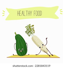Illustration with funny characters zucchini, squash, courgette, legs, joy, marrow,
daikon. Funny and healthy food. Vitamins, cute face food, ingredients, vegetarian, vector cartoon, agriculture, raw.