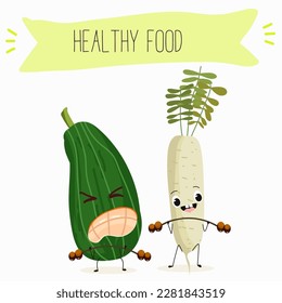 Illustration with funny characters zucchini, squash, courgette, legs, joy, marrow,
daikon. Funny and healthy food. Vitamins, cute face food, ingredients, vegetarian, vector cartoon, agriculture, raw.