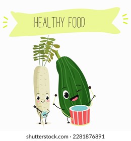 Illustration with funny characters zucchini, squash, courgette, legs, joy, marrow,
daikon. Funny and healthy food. Vitamins, cute face food, ingredients, vegetarian, vector cartoon, agriculture, raw.