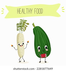 Illustration with funny characters zucchini, squash, courgette, legs, joy, marrow,
daikon. Funny and healthy food. Vitamins, cute face food, ingredients, vegetarian, vector cartoon, agriculture, raw.