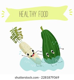Illustration with funny characters zucchini, squash, courgette, legs, joy, marrow,
daikon. Funny and healthy food. Vitamins, cute face food, ingredients, vegetarian, vector cartoon, agriculture, raw.